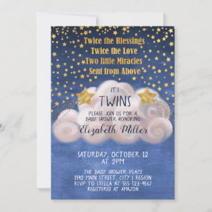 Invitation Magic Golden Stars Marine Blue Twins Baby shower I