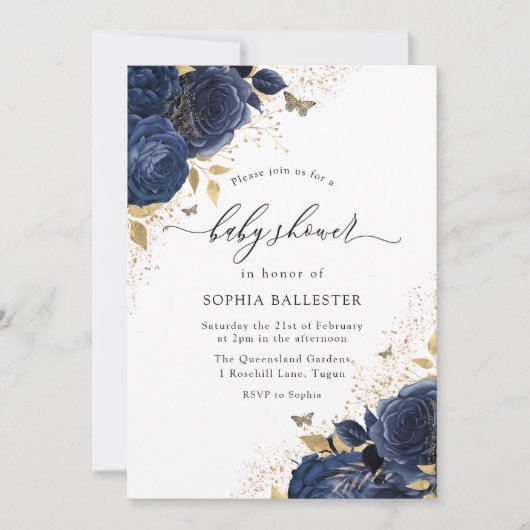 Invitation Magic Navy Indigo Blue Roses & Gold Baby shower (Devant)