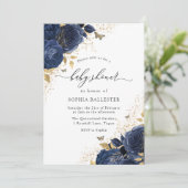 Invitation Magic Navy Indigo Blue Roses & Gold Baby shower (Debout devant)