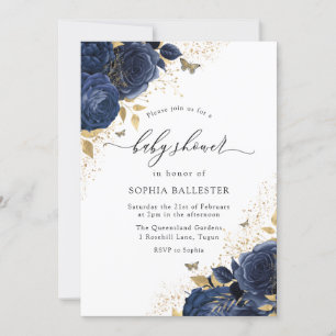 Invitation Magic Navy Indigo Blue Roses & Gold Baby shower