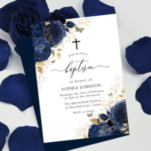 Invitation Magic Navy Indigo Blue Roses & Gold Baptism