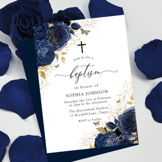 Invitation Magic Navy Indigo Blue Roses & Gold Baptism