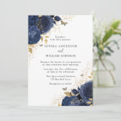 Invitation Magic Navy Indigo Blue Roses & Gold Mariage (Debout devant)