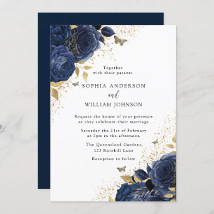 Invitation Magic Navy Indigo Blue Roses & Gold Mariage