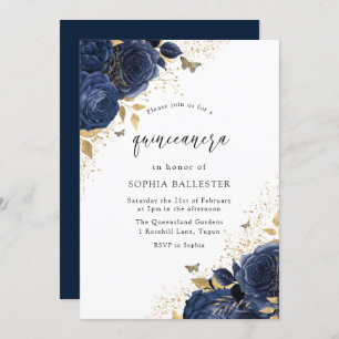 Invitation Magic Navy Indigo Blue Roses & Gold Quinceanera