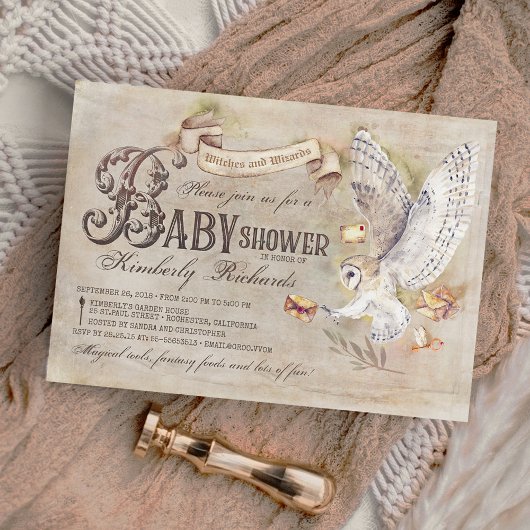 Invitation Magic Owl Wizard Sorcière fée Baby shower