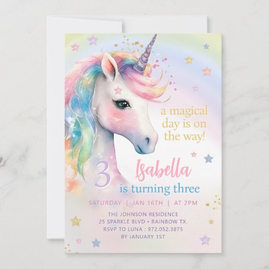 Invitation Magic Pastel Rainbow UNICORN Anniversaire (Devant)