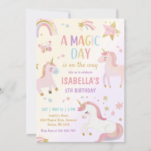 Invitation Magic Pastel Unicorn Rainbow Birthday Party (Devant)