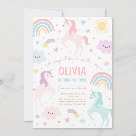 Invitation Magic Pastel Unicorn Rainbow Birthday Party (Devant)