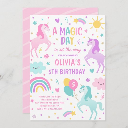 Invitation Magic Pastel Unicorn Rainbow Birthday Party (Devant / Derrière)