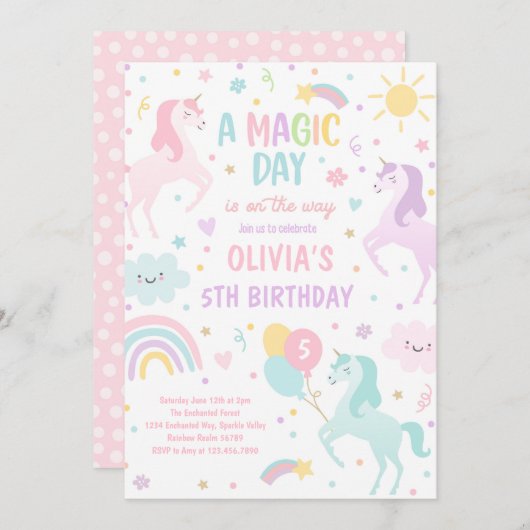 Invitation Magic Pastel Unicorn Rainbow Birthday Party (Devant / Derrière)