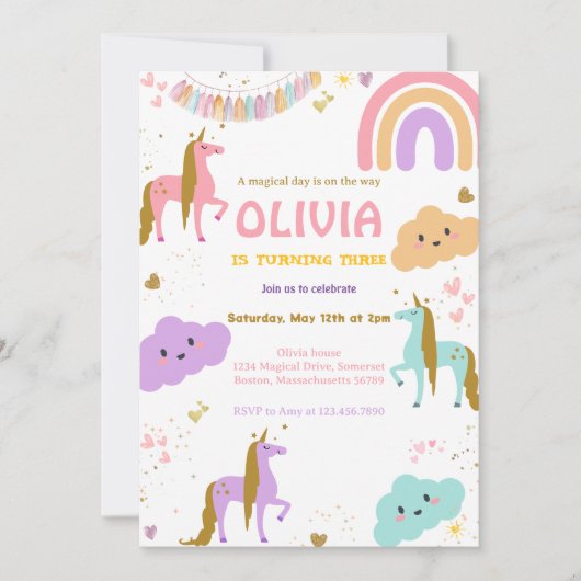 Invitation Magic Rainbow Unicorn Pink Pastel fête d'anniversa (Devant)