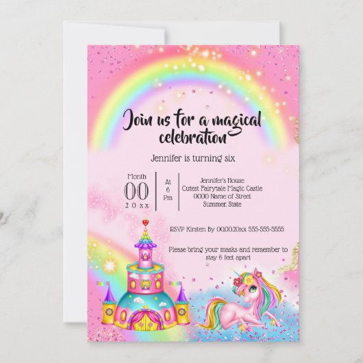 Invitation Magic unicorn ciel arc-en-ciel parties scintillant (Devant)