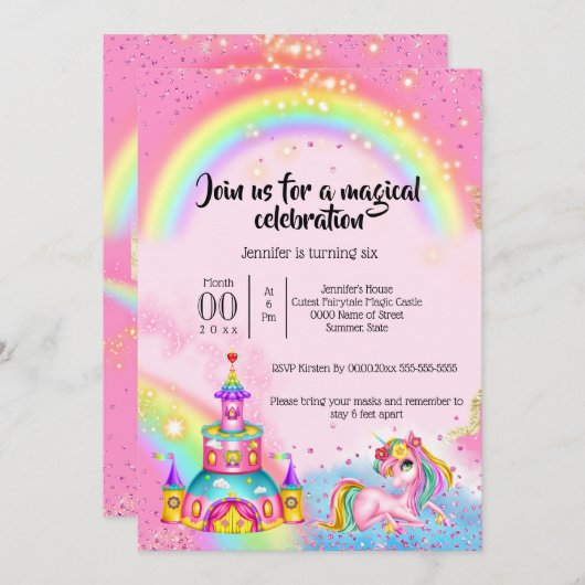 Invitation Magic unicorn ciel arc-en-ciel parties scintillant (Devant / Derrière)