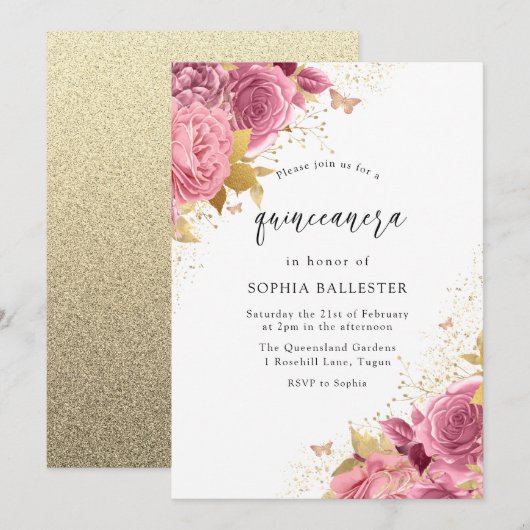 Invitation Magical Blush PInk Gold Flowers Quinceanera Party (Devant / Derrière)