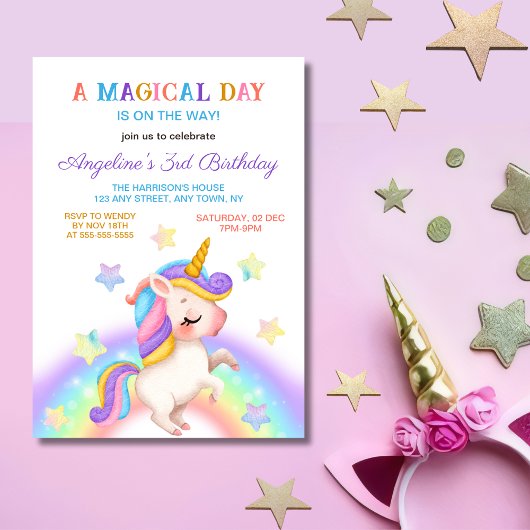 Invitation Magical Day Rainbow Stars Unicorn Birthday 