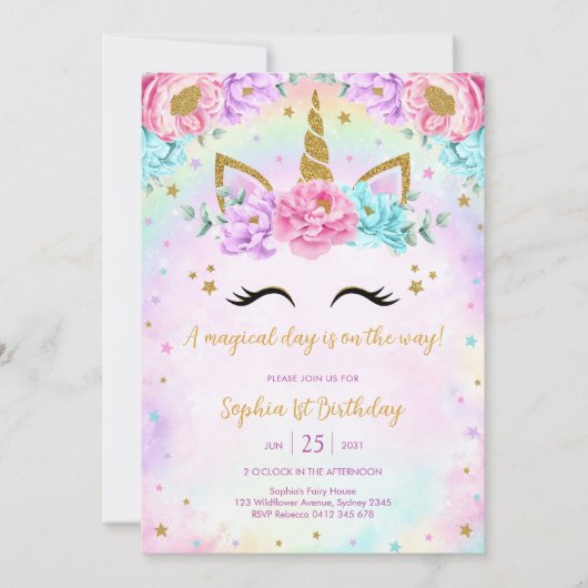 Invitation Magical Day Unicorn and Rainbows Birthday (Devant)