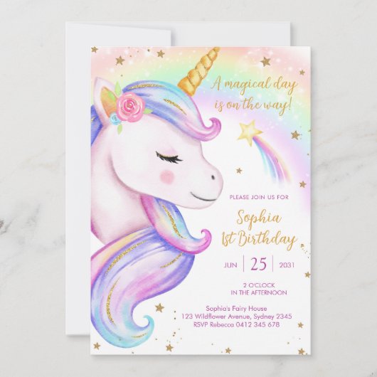 Invitation Magical Day Unicorn and Rainbows Birthday (Devant)