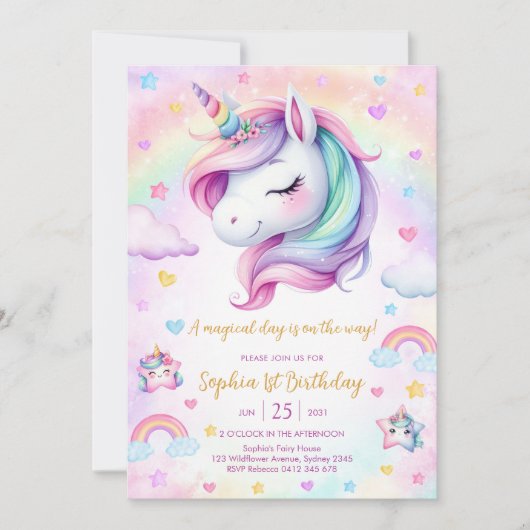 Invitation Magical Day Unicorn and Rainbows Birthday (Devant)