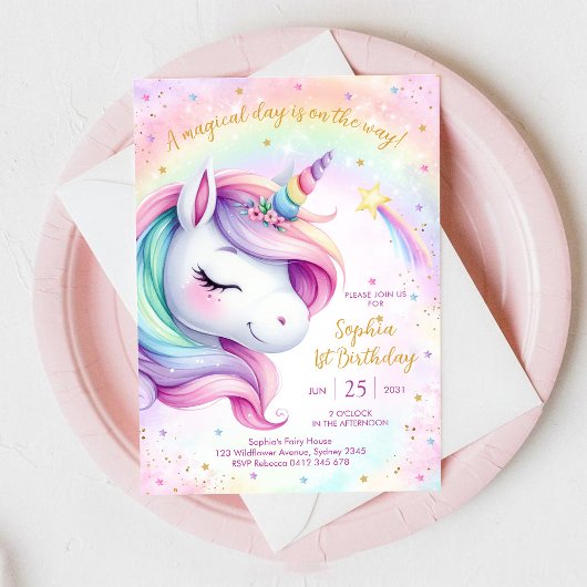 Invitation Magical Day Unicorn and Rainbows Birthday
