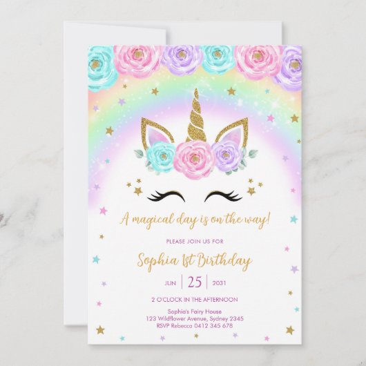Invitation Magical Day Unicorn and Rainbows Birthday (Devant)