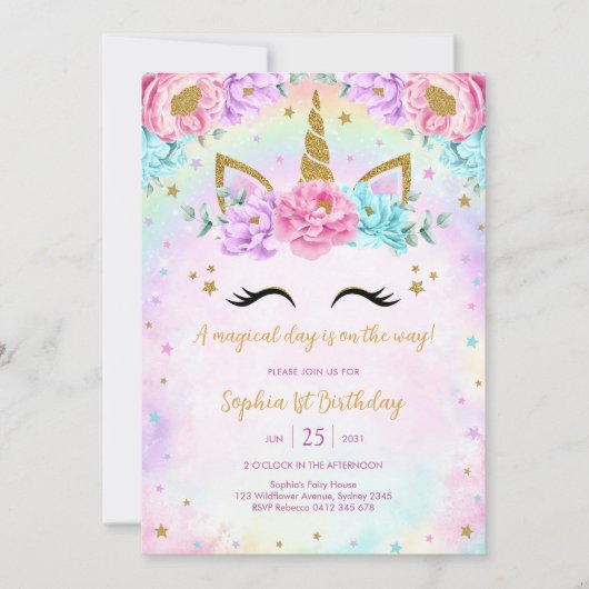 Invitation Magical Day Unicorn and Rainbows Birthday (Devant)