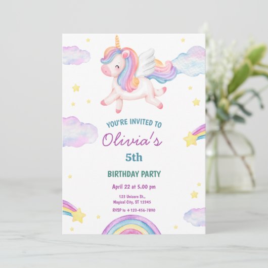 Invitation Magical Fairytale Unicorn Rainbow Clouds (Debout devant)