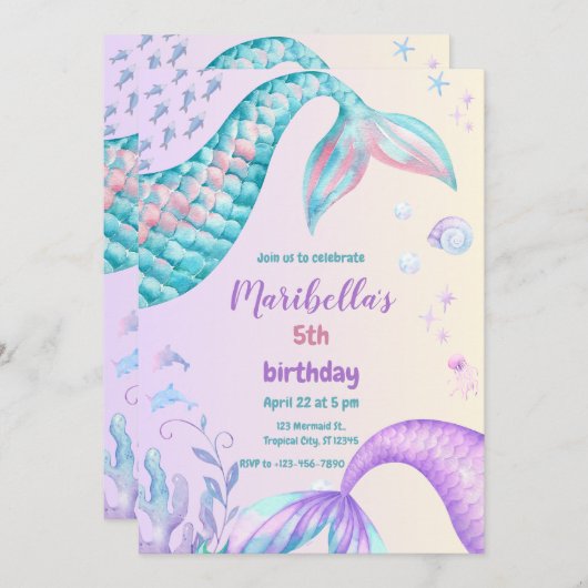 Invitation Magical Mermaid Tail Under The Sea Birthday Party (Devant / Derrière)