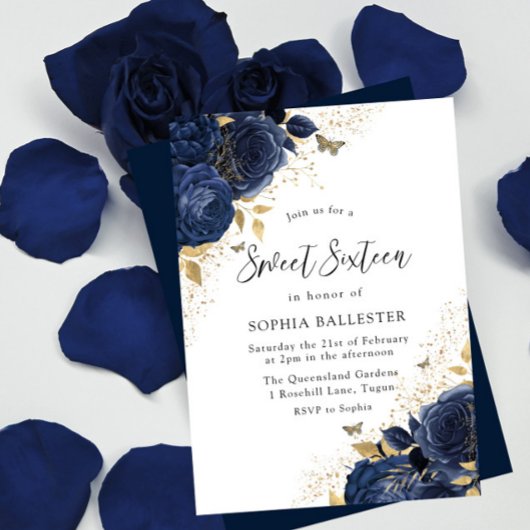 Invitation Magical Navy Indigo Blue Roses & Gold Sweet 16