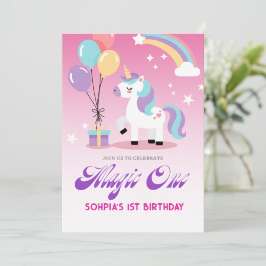 Invitation Magical one Birthday Unicorn (Debout devant)
