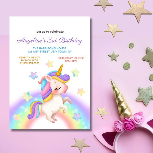 Invitation Magical Pastel Rainbow Stars Unicorn Birthday 