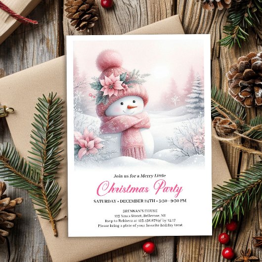 Invitation Magical Pink Snowman Editable Kids Christmas Party