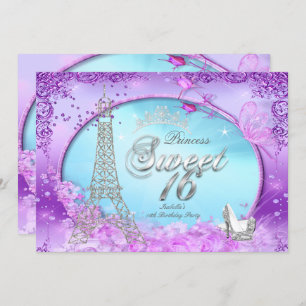 Invitation Magical Princess Sweet 16 violet Turquoise bleu