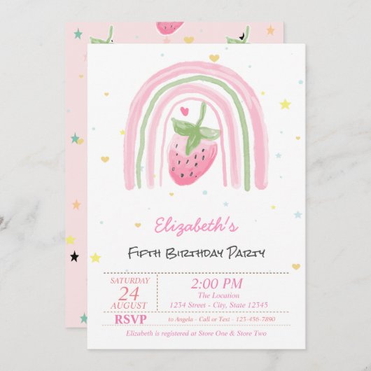Invitation Magical Rainbow Strawberry Stars Birthday  (Devant / Derrière)