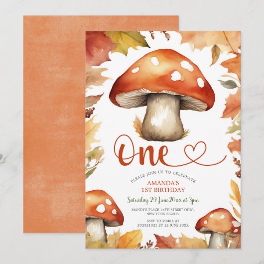 Invitation Magical Rustic Mushroom Cute Kid's 1er anniversair (Devant / Derrière)