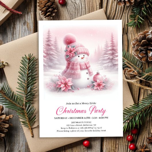 Invitation Magical Snowy Pink Coquette Snowman Editable Kids