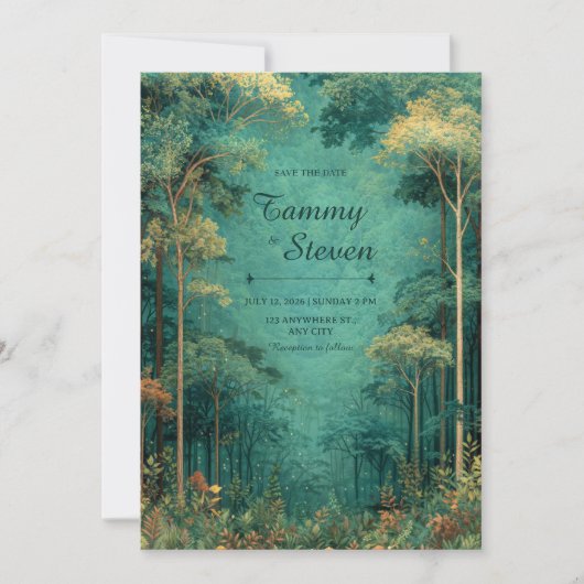 Invitation Magical Teal Forest Firefly Wedding (Devant)