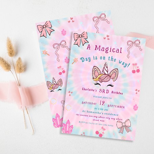 Invitation Magical Tie Dye Unicorn Coquette Bow Birthday