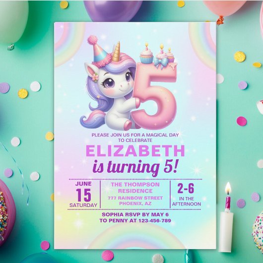 Invitation Magical Unicorn 5th Birthday – Rainbow theme