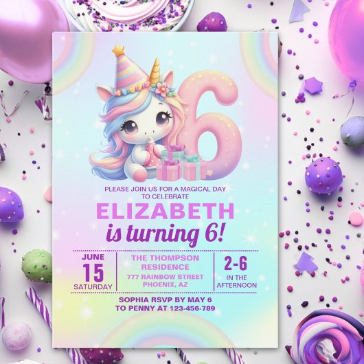 Invitation Magical Unicorn 6th Birthday – Rainbow