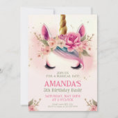 Invitation Magical Unicorn fête d'anniversaire avec fleurs (Devant)