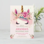 Invitation Magical Unicorn fête d'anniversaire avec fleurs (Debout devant)