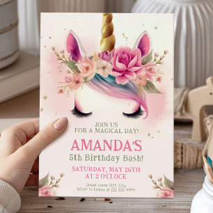 Invitation Magical Unicorn fête d'anniversaire avec fleurs