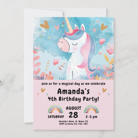 Invitation Magical Unicorn fête d'anniversaire pour les fille (Devant)