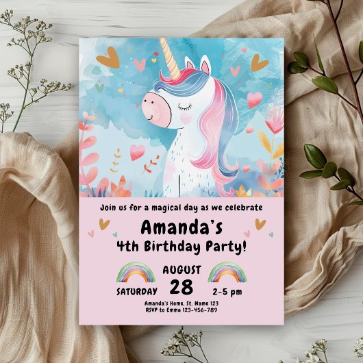 Invitation Magical Unicorn fête d'anniversaire pour les fille