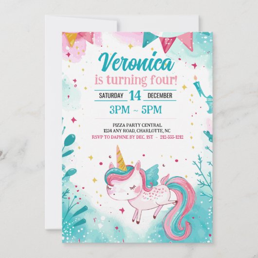 Invitation Magical Unicorn Fun Kid's Birthday Party (Devant)