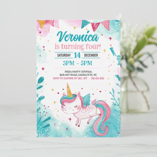 Invitation Magical Unicorn Fun Kid's Birthday Party (Debout devant)