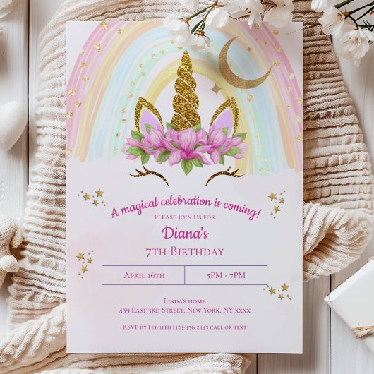 Invitation Magical Unicorn Moon Stars Fille anniversaire