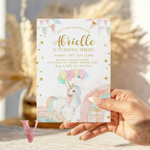 Invitation Magical Unicorn Rainbow Pastel Gold Parties scinti