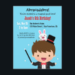 Invitation Magicien Boy Kids Magique Birthday Party<br><div class="desc">Un invitation pour accompagner votre fête d'anniversaire de magie ! Il a un mignon petit garçon dans un costume magicien de gilet en tailleur noir et de cravate arc rouge avec une baguette magique dans la main. Il a un petit lapin blanc sur les cheveux près du casquette magique. Idéal...</div>
